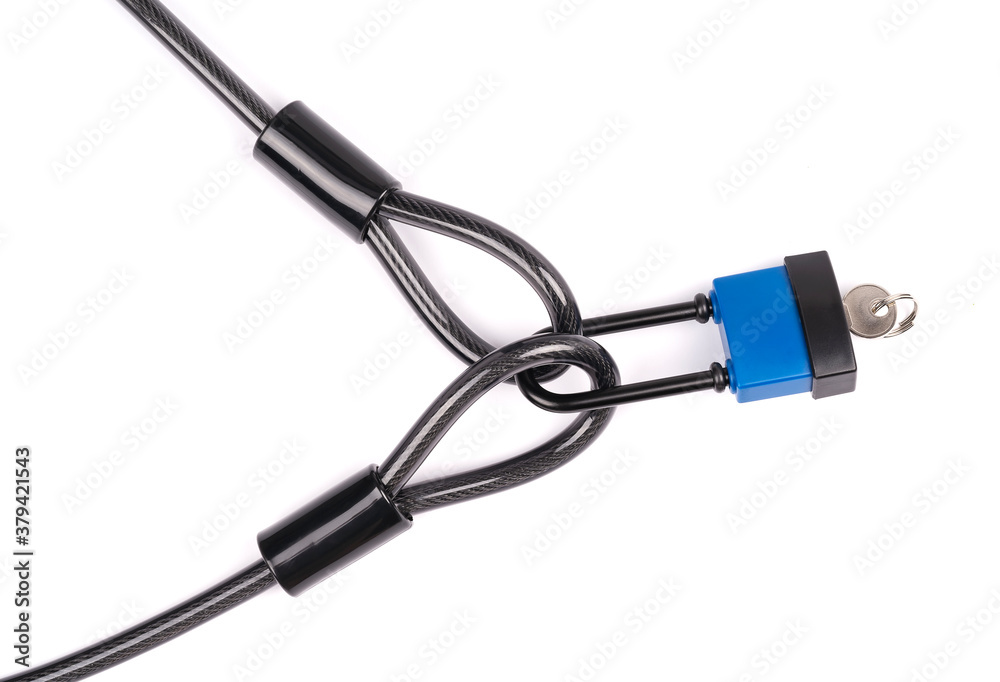 bicycle lock with key, cable loops isolated on white bicycle lock with key, cable loops isolated on white