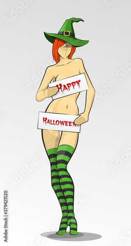 Beautiful slim naked Redhead girl with a banner sign saying Happy Halloween party