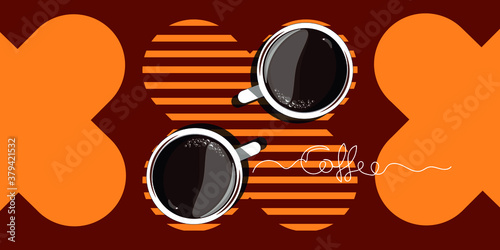 Trendy abstract realistic vector illustration of white cups of aromatic coffee with froth top view. popular design cappuccino, americano, espresso, mocha, latte, cocoa