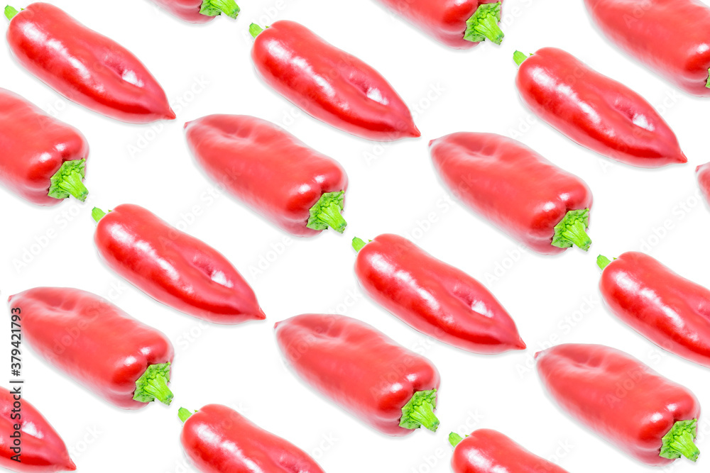 White background with repetition of red peppers. Publicity background White background with repetition of red peppers. Publicity background