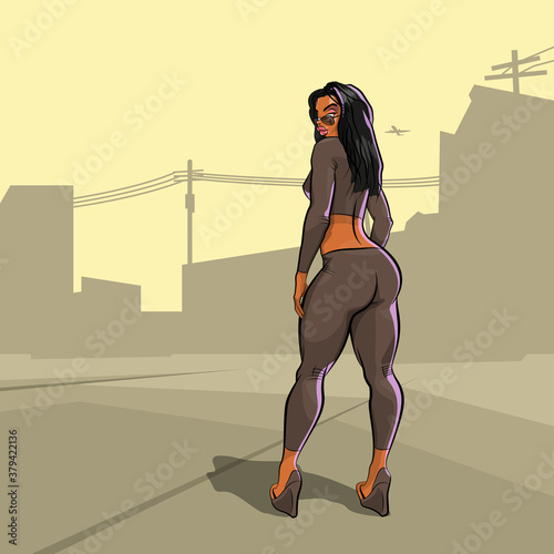 Girl at day in light on street city banner. Drawn nice woman. Painted sexy girl brochure. Comic lady poster template, Dancing beautiful Cartoon woman with a big ass flyer