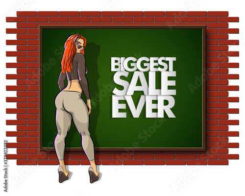 Slim girl on the background "Biggest sale ever" banner. Sexy woman in front of school board banner. Elegant lady on the background sale advertising poster. Advertising discount sale poster