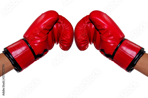 Boxers wearing red gloves with both their left and right hands touch each other to show readiness.