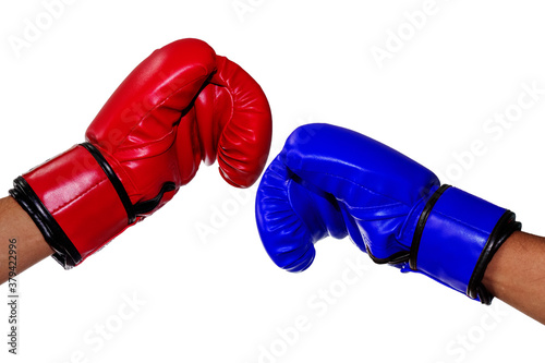 Boxers wearing red and blue gloves touch each other as a greeting.