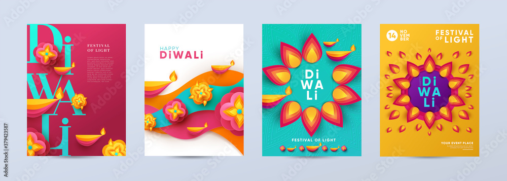 Happy Diwali Hindu festival modern design set in paper cut style with oil lamps on colorful waves and beautiful flowers of lights. Holiday background for branding, card, banner, cover, flyer or poster - obrazy, fototapety, plakaty 