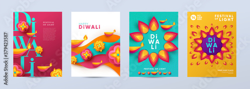Stampa su tela Happy Diwali Hindu festival modern design set in paper cut style with oil lamps on colorful waves and beautiful flowers of lights