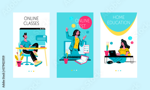 Mobile app onboarding screens set for online education and distance courses. Distance learning and e-learning. Vector banner illustration template for website and mobile application.