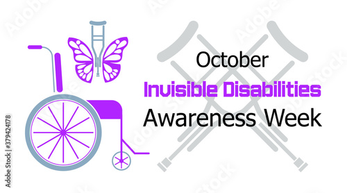 Invisible disabilities awareness week concept vector in purple colors. Wheelchair and crutches are shown.