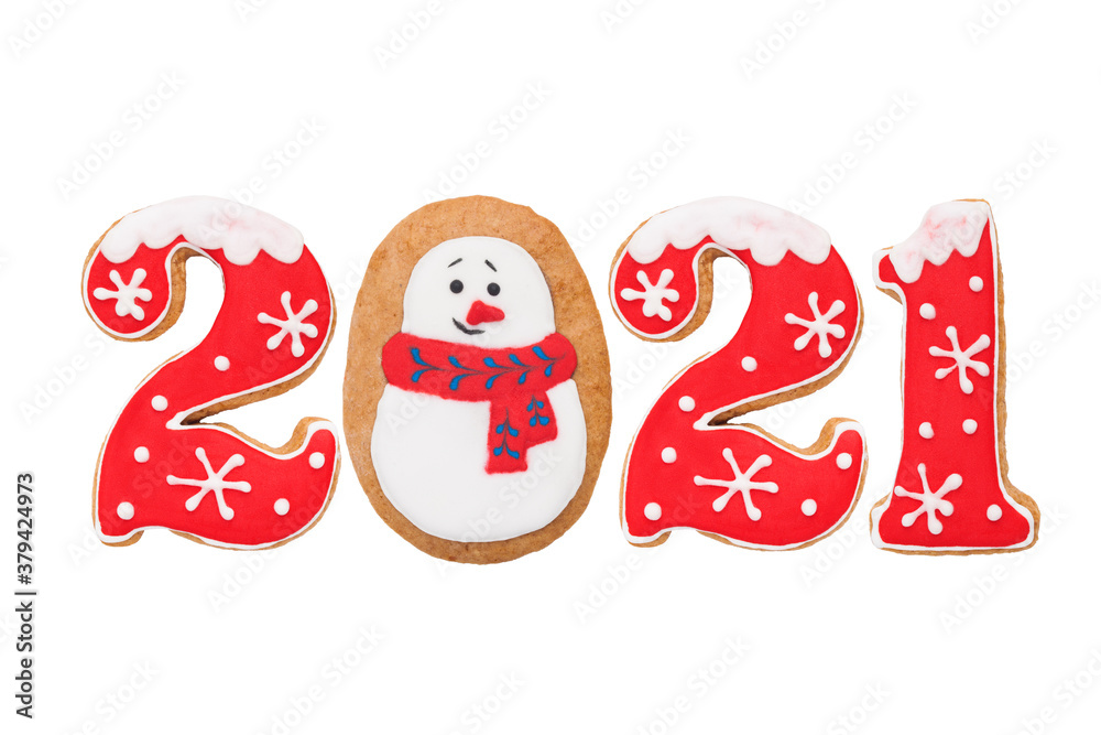 2021, New Year gingerbread, red icing, isolated on white background, clipping path