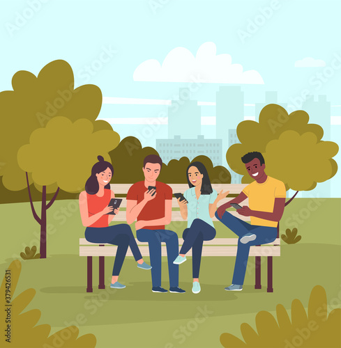 Young women  men sitting on bench and look at gadgets in the park. Vector flat cartoon  style illustration
