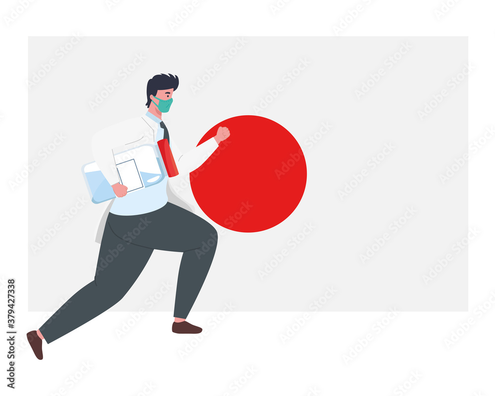 doctor man with mask and covid 19 vaccine bottle on japan flag design of medicine laboratory and cure theme Vector illustration doctor man with mask and covid 19 vaccine bottle on japan flag design of medicine laboratory and cure theme Vector illustration