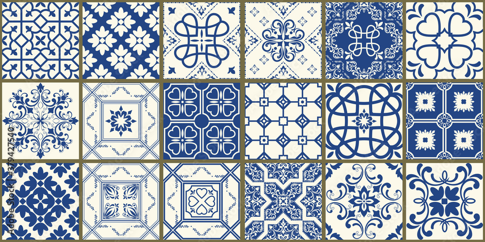 Fototapeta Set of 18 tiles Azulejos in blue, white. Original traditional Portuguese and Spain decor. Seamless patchwork tile with Victorian motives. Ceramic tile in talavera style. Vector