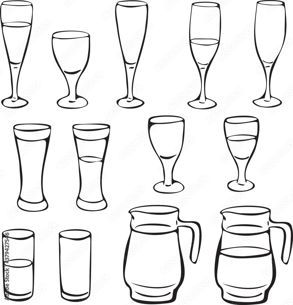 Set of vector glasses with different shapes. Black and white glassware collection. Vector illustration. Set of vector glasses with different shapes. Black and white glassware collection. Vector illustration.