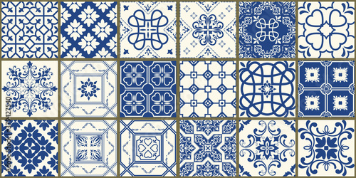 Set of 18 tiles Azulejos in blue, white. Original traditional Portuguese and Spain decor. Seamless patchwork tile with Victorian motives. Ceramic tile in talavera style. Vector