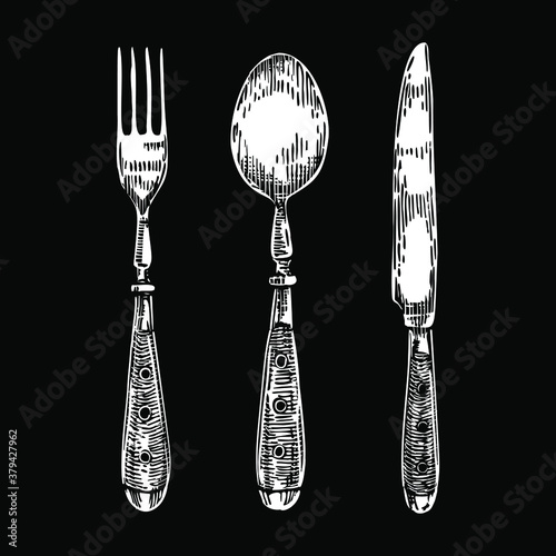 Vintage cutlery set. Black and white silverware collection: fork, spoon, knife. Engraving drawing, hand drawn line art sketch, vector illustration isolated on black background.