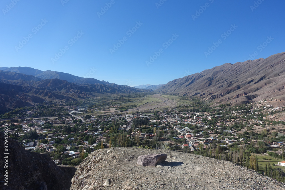 Landscape view down the Quebrada de Humahuaca valley from Cerro de la Cruz 
