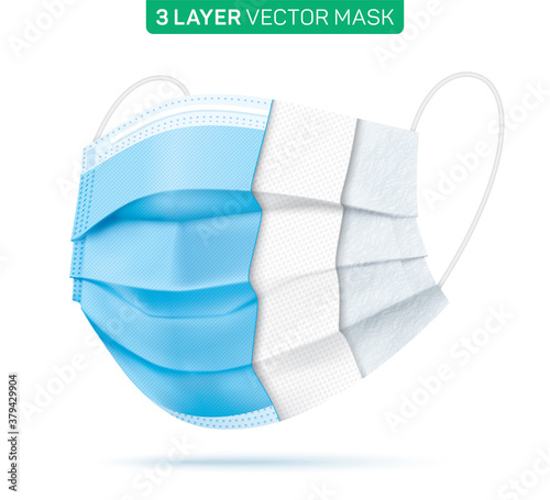 3 layer disposable face mask cut, with inner material sections. Blue medical mask with three layers, isolated on a white background. Corona virus disease protective surgical mask. Vector illustration.