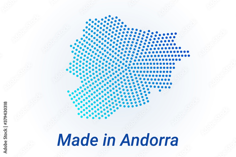 Map icon of Andorra. Vector logo illustration with text Made in Andorra. Blue halftone dots background. Round pixels. Modern digital graphic design.