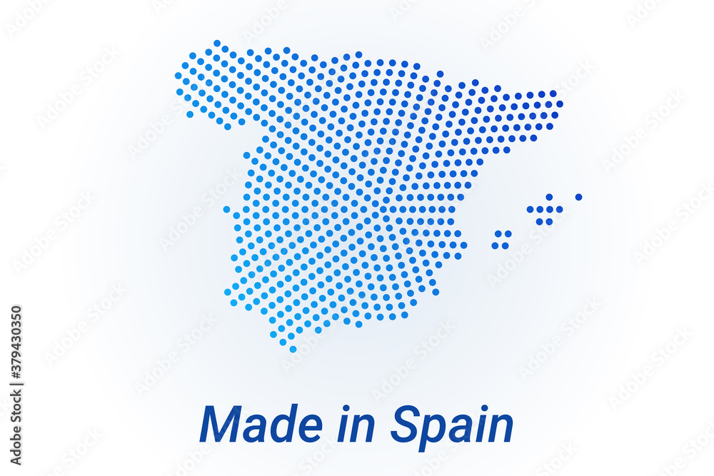 Map icon of Spain. Vector logo illustration with text Made in Spain. Blue halftone dots background. Round pixels. Modern digital graphic design.