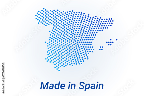 Map icon of Spain. Vector logo illustration with text Made in Spain. Blue halftone dots background. Round pixels. Modern digital graphic design.