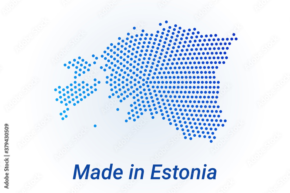 Map icon of Estonia. Vector logo illustration with text Made in Estonia. Blue halftone dots background. Round pixels. Modern digital graphic design.