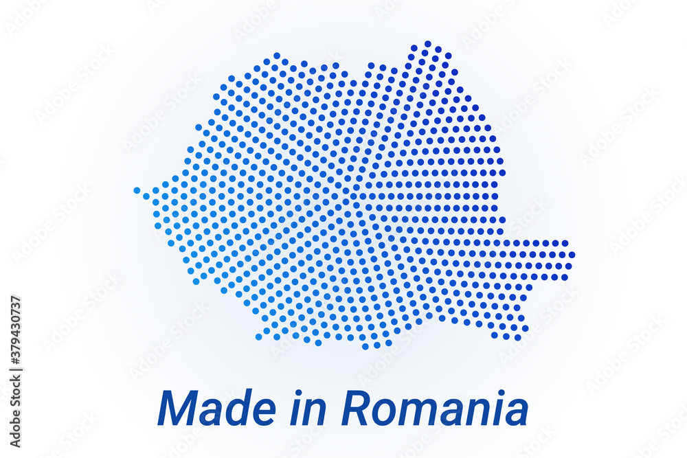 Map icon of Romania. Vector logo illustration with text Made in Romania. Blue halftone dots background. Round pixels. Modern digital graphic design.