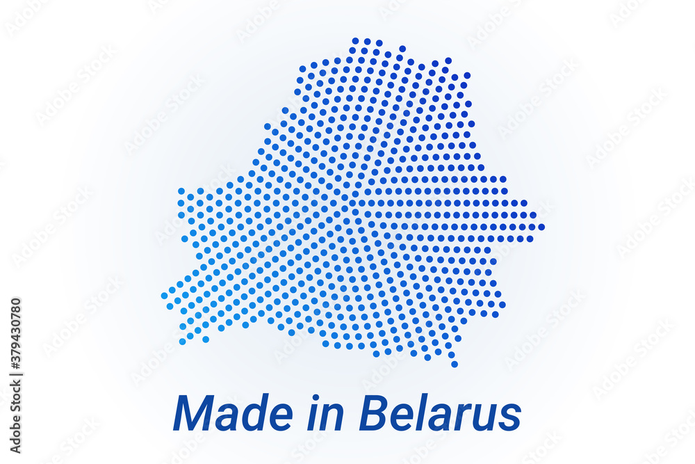 Map icon of Belarus. Vector logo illustration with text Made in Belarus. Blue halftone dots background. Round pixels. Modern digital graphic design.