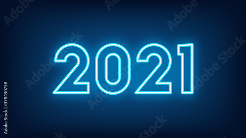 New Year 2021. Neon outline number 2021, glowing blue digits. Year of the Ox