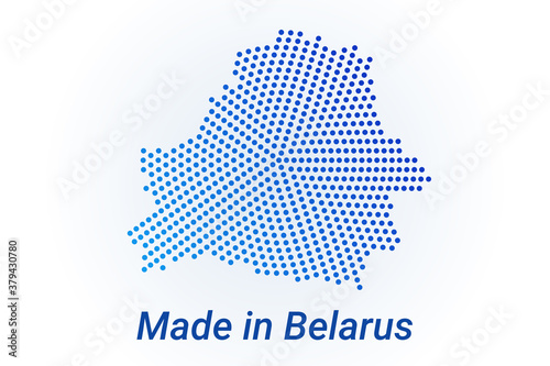 Obraz na płótnie Map icon of Belarus. Vector logo illustration with text Made in Belarus. Blue halftone dots background. Round pixels. Modern digital graphic design. w salonie