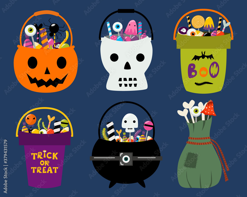 Obraz premium Set of 6 Halloween trick or treat bags. Bucket, cauldron, pumpkin, skull, pouch full of spooky sweets and candies. Trick or treat kids buckets. Vector illustration isolated on white. Design elements.