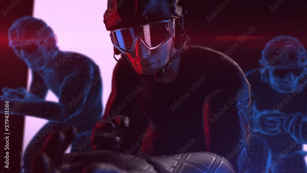 Athletic man wears futuristic combat suit and VR 360 headset training with virtual avatar for playing games in virtual reality, Concept future of humanity, 3D rendering animation.