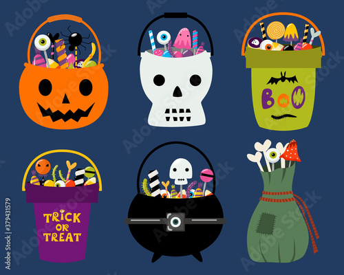 Set of 6 Halloween trick or treat bags. Bucket, cauldron, pumpkin, skull, pouch full of spooky sweets and candies. Trick or treat kids buckets. Vector illustration isolated on white. Design elements.