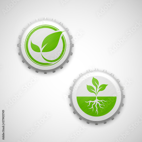 Picture of a beer lid with symbol of eco. Bottle cork with sign natural, organic, view from above. Iron plug plant icon