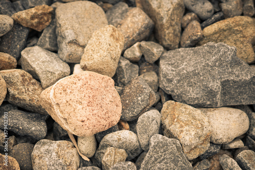 Small and big smooth round pebbles, sea dry stones, multicolour gray gravel. Abstract Composition Textured background. Ideal for web banner design