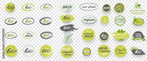 Green Organic natural bio labels icon set, healthy food badges healthy nutrition isolated stickers. Large collection of emblems, elements, frames, brush and logo. Vector illustration