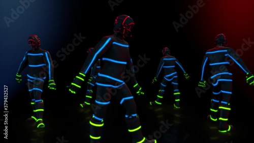 Male dance group performs in futuristic metallic neon costumes, 3D Rendering Animation.