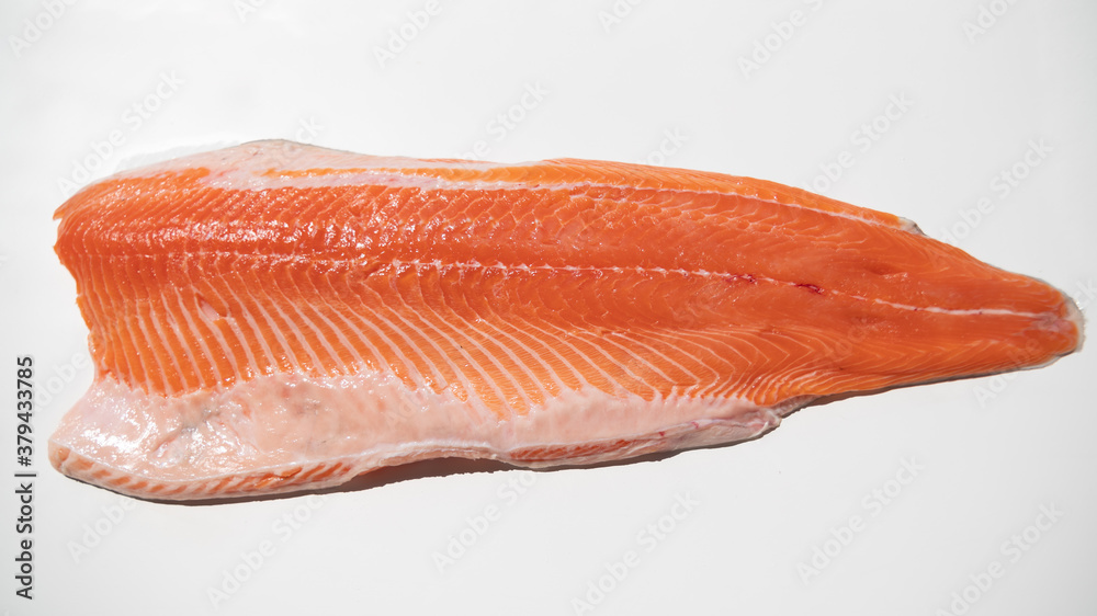
Fillet of salmon with orange flesh, on white background