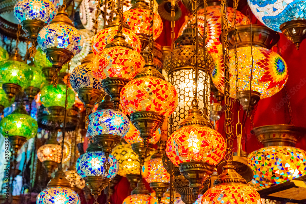 Multicolored authentic lamps hanging at the Grand Bazaar in Istanbul, Turkey