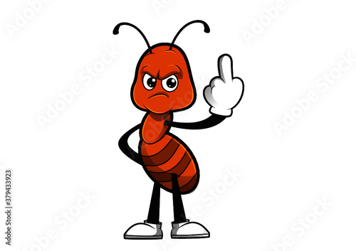Cute angry ant cartoon character show middle finger  on white background Free Vector