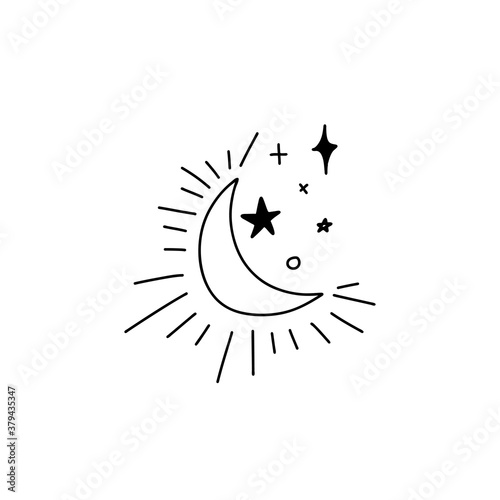 Doodle outline shining waning moon and stars of different shapes. Heavenly composition of the moon and the starry sky. Vector stock illustration isolated on white background.