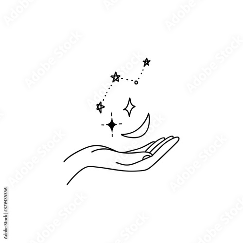 Celestial concept. The moon and stars hang over the hand. Constellations, astronomy ruled by a human hand. Vector stock illustration isolated on white background.