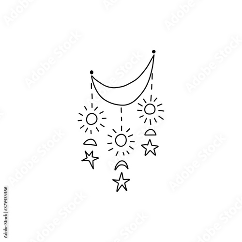 Dreamcatcher concept. The moon is decorated with various celestial elements. Stars descend from the moon in garlands. Vector stock illustration isolated on white background.