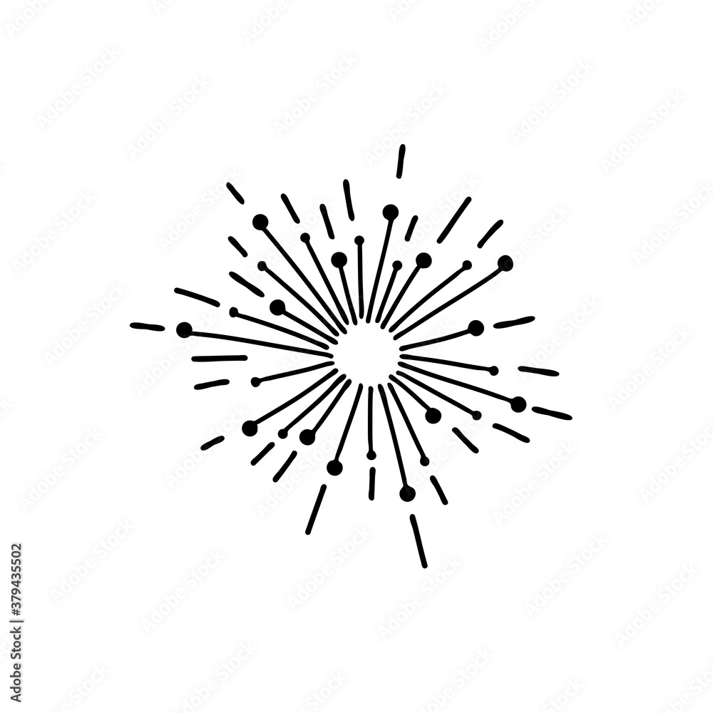 Radiance, fireworks, star sparkle. Contour of a glittering star celestial element. Hand drawn shining doodle. Vector stock isolated illustration.