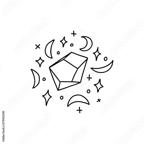 Hand drawn crystal surrounded by celestial bodies. Doodle semi-precious stone, stars, magic isolated. Vector stock illustration.