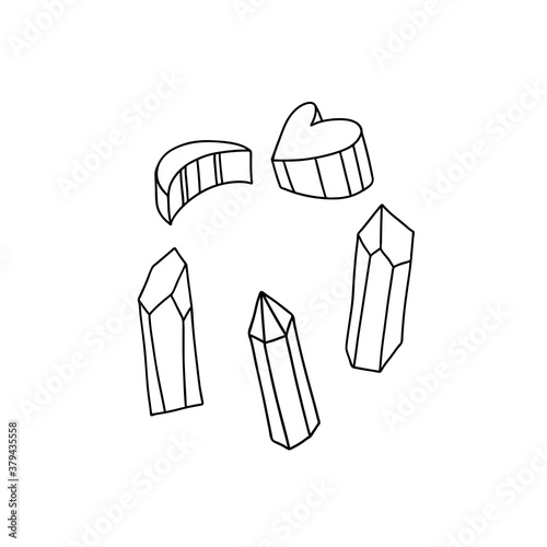 Hand drawn set crystals in the shape of heart, moon. Doodle semi-precious stones isolated. Vector stock illustration.