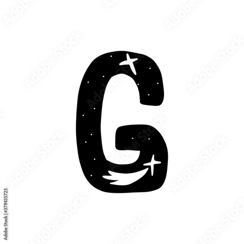Hand drawn letter G. Black letter of the alphabet inside which is a shooting star, the night sky. Vector stock illustration isolated. Heavenly concept.