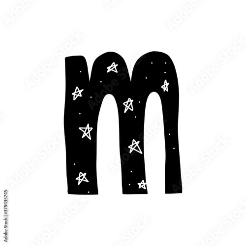 Hand drawn letter M. Black alphabet letter inside which there are many stars and the night sky. Vector stock illustration isolated. Heavenly concept.