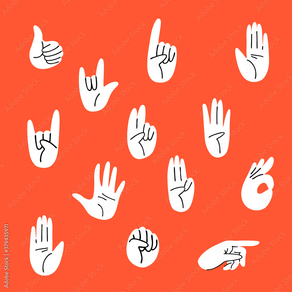 Cartoon set of gestures, flat style. Hands different movements hand-drawn palms, fingers showing numbers, like, fist, stop, ok. Vector hands in white gloves on a red background. Stock illustration