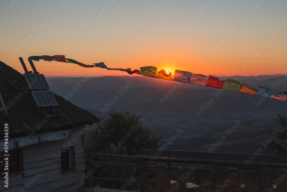 tibethian flafs on air in the mountains on sunrise wind tibethian flafs on air in the mountains on sunrise wind