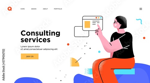 Presentation slide template or landing page website design. Business concept illustrations. Modern flat outline style. Consulting service concept